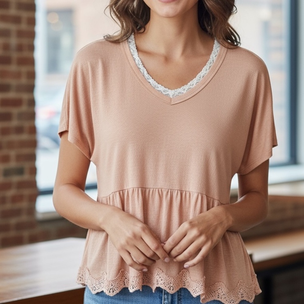 Daytrip Camel Brown Peplum Lace Trim Blouse- XL - Picture 1 of 5